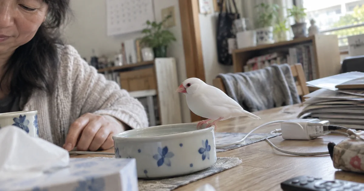 テーブルの水入れのふちにとまる白文鳥