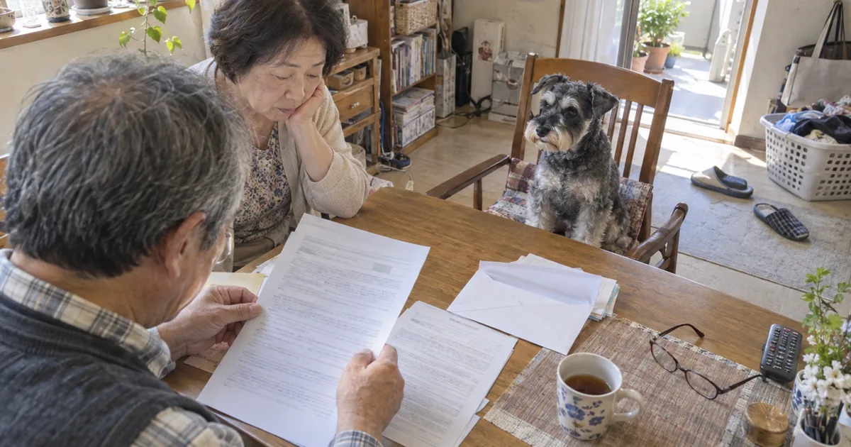 食卓で手紙を読む60代の夫婦と、椅子の上から見守るミニチュアシュナウザー
