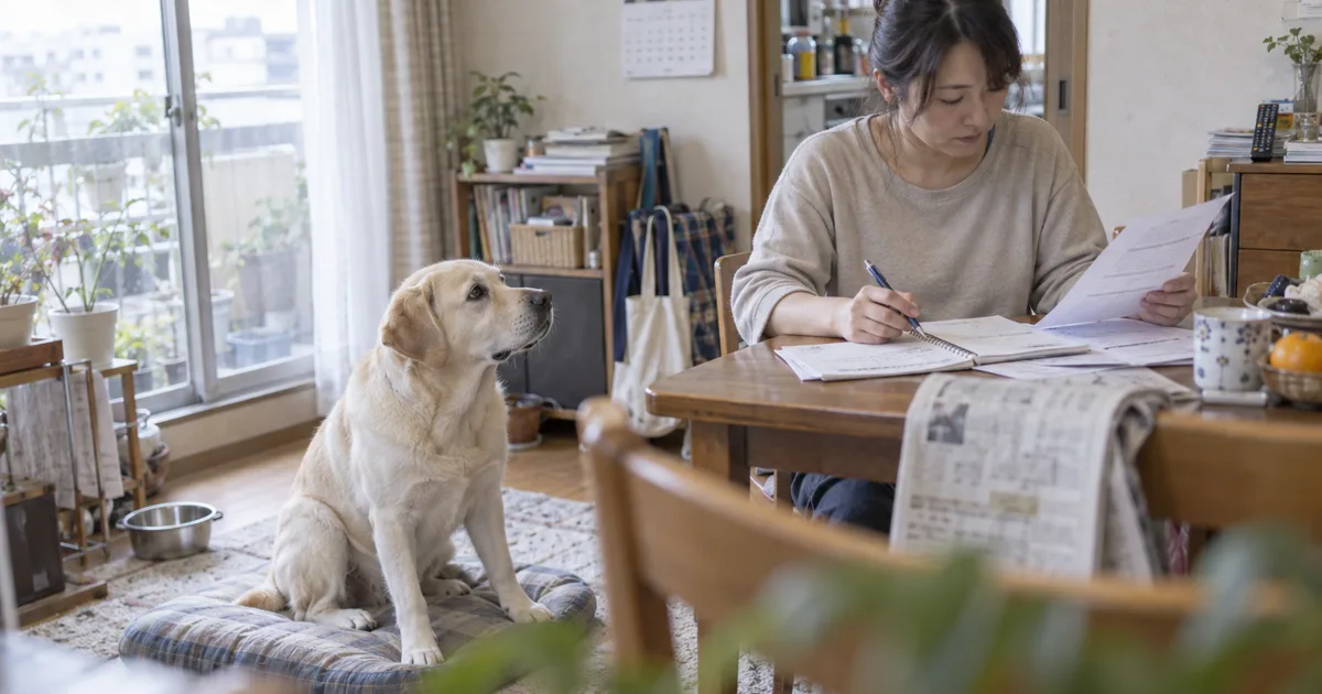 食卓で料金表を見比べる30代の女性と、クッションの上から見上げるラブラドールレトリバー