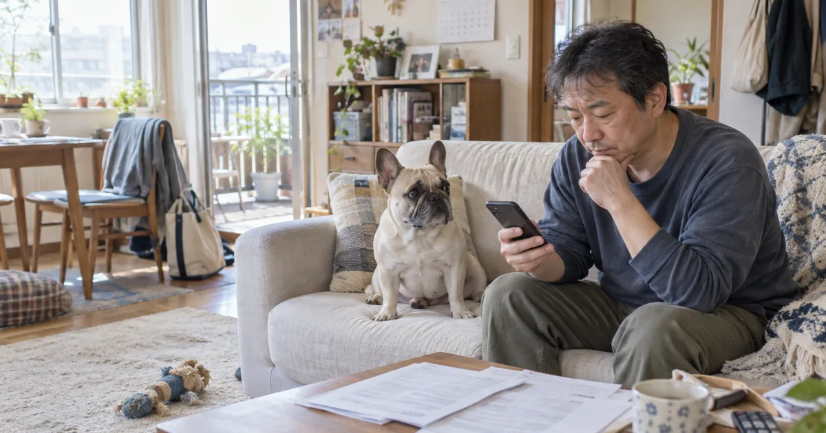 ソファでスマートフォンの料金表を見る50代の男性と、隣に座るフレンチブルドッグ