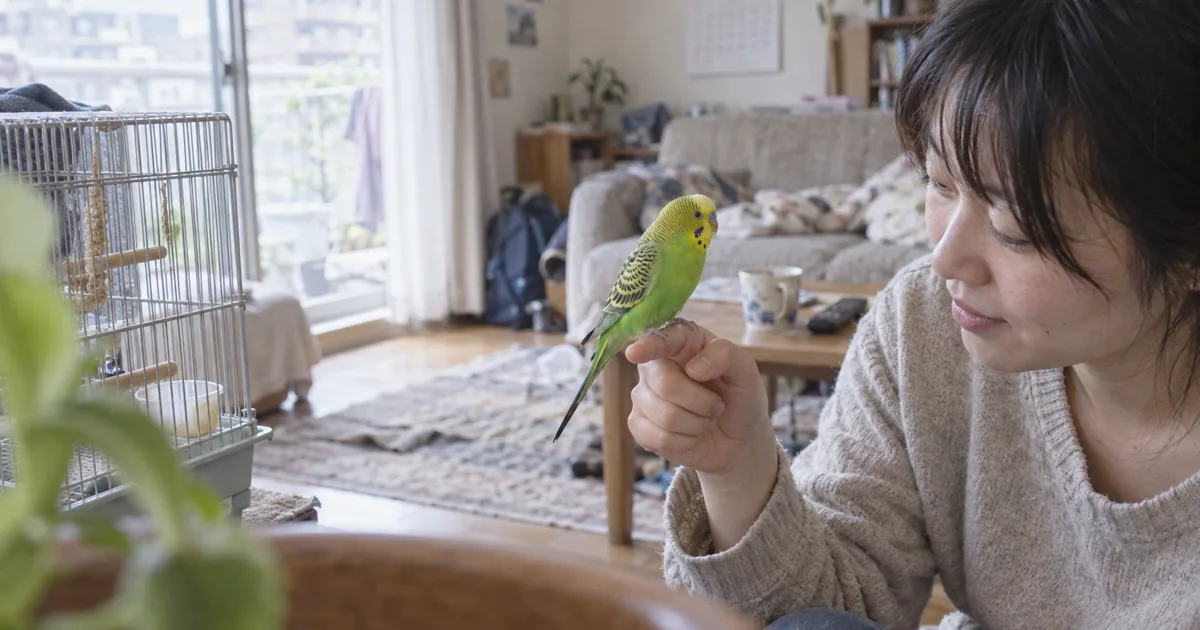 指にとまるセキセイインコ
