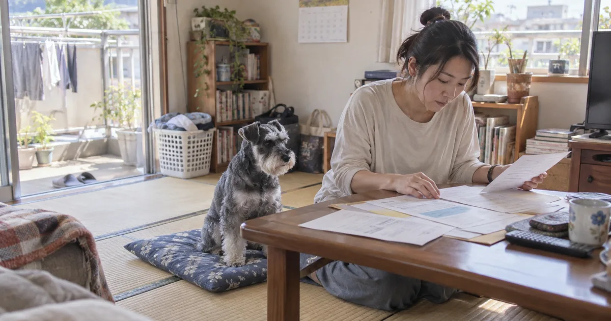 和室の座卓で資料を広げる30代の女性と、座布団の上のミニチュアシュナウザー