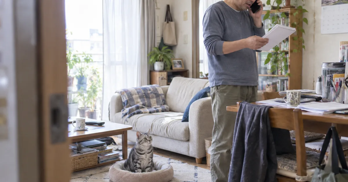 電話をしながら書類を見る50代の男性と、ペットベッドのシルバータビーの猫