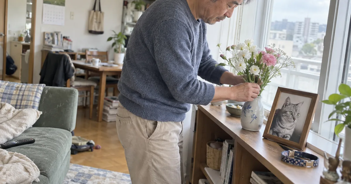 窓辺の棚に飾ったシルバータビーの猫の写真に花を生ける50代の男性