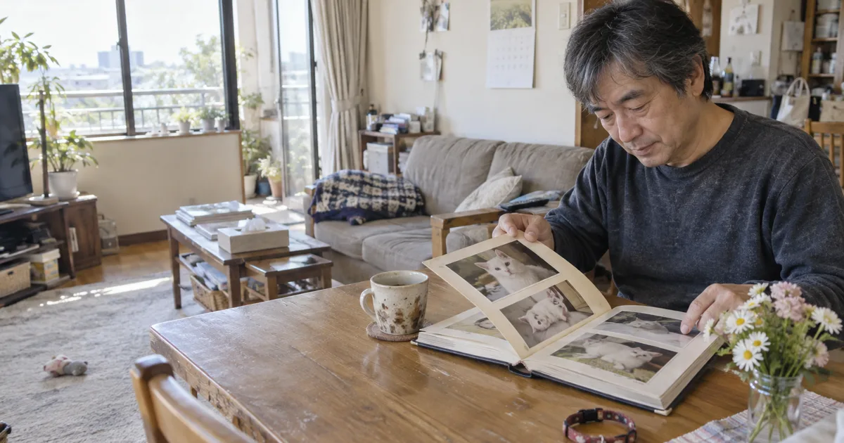 白猫の写真アルバムをめくる50代の男性