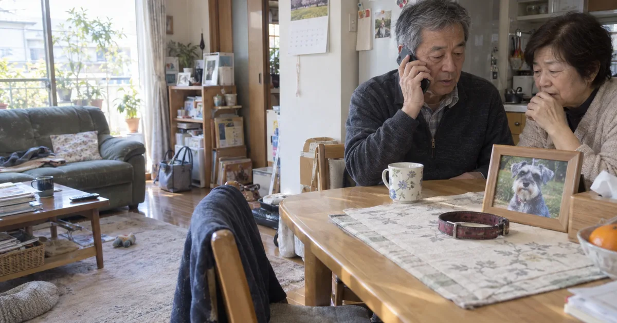 ミニチュアシュナウザーの写真と首輪を前に電話をかける60代の夫婦