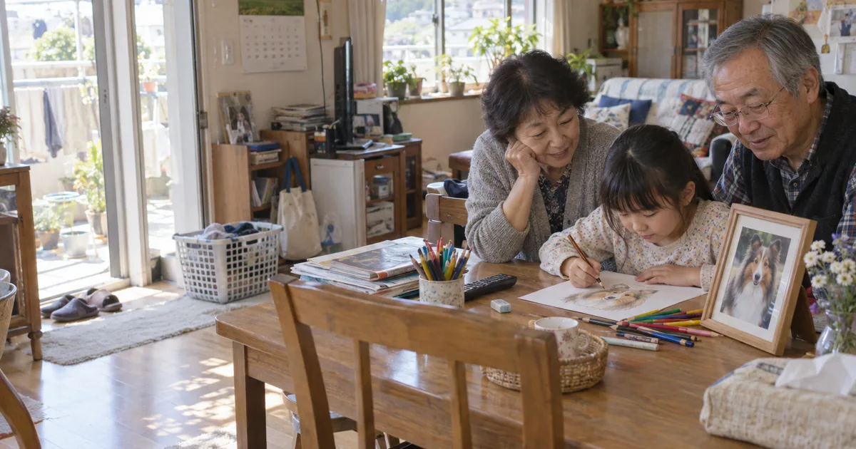 シェットランドシープドッグの絵を描く子どもと見守る60代の夫婦